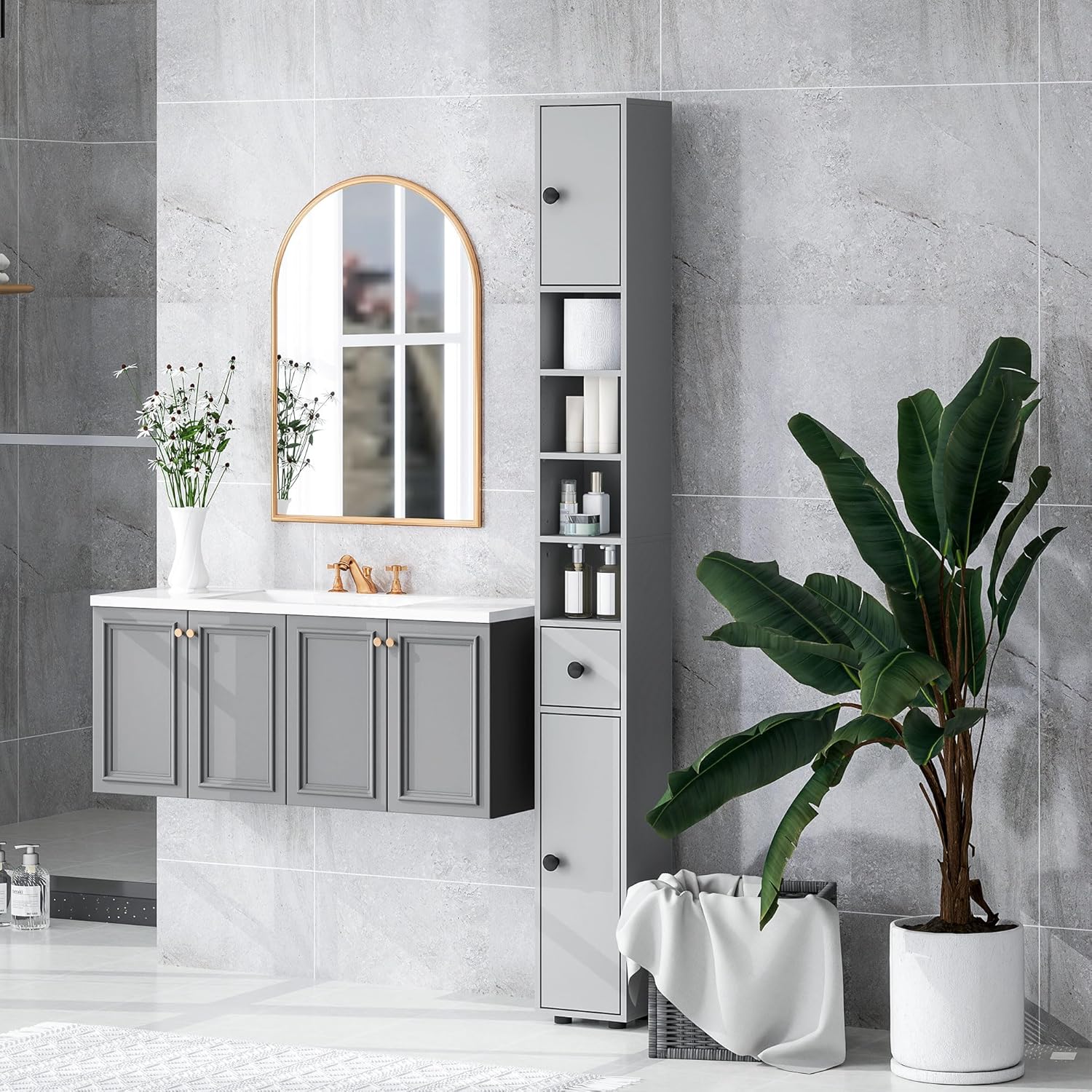 180cm Slim Bathroom Storage Cabinet 4 Shelves 2 Doors Grey
