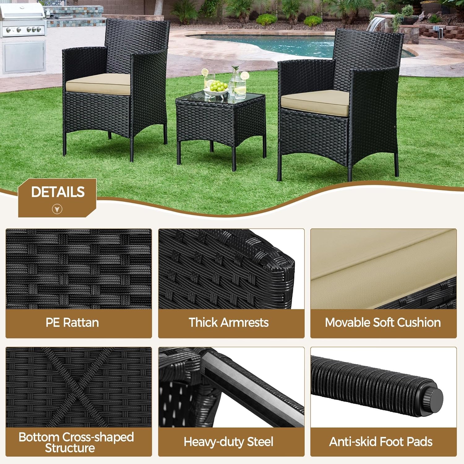 3 Piece Rattan Garden Furniture Set Patio Bistro Chairs Table
