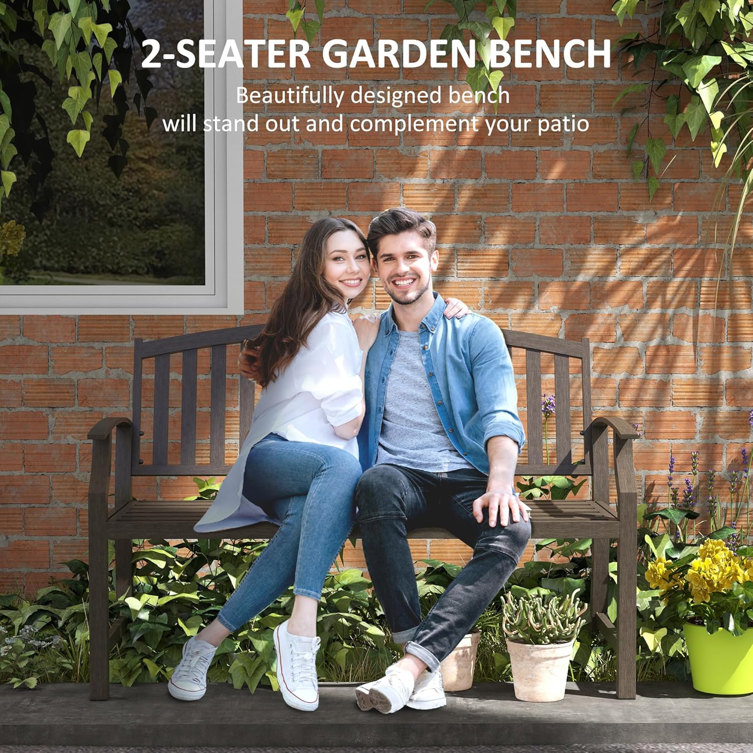 2 Seater Metal Garden Bench Outdoor Patio Seat w/Armrests