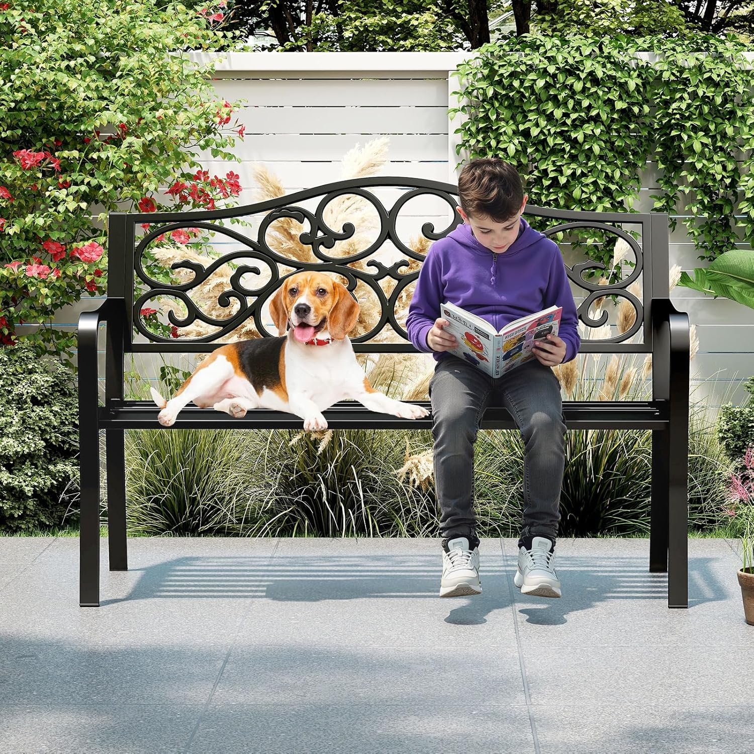 Metal Garden Bench 2-3 Seater Scroll Back Patio Seat Black