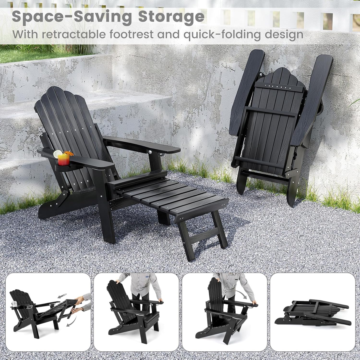 Adirondack Garden Lounge Chair Adjustable Footrest Black