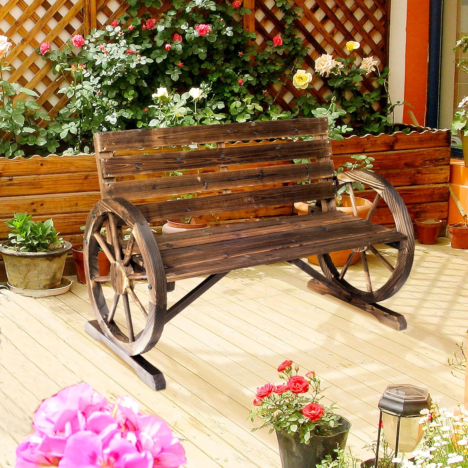 Rustic Wooden Garden Bench 2 Seater Wagon Wheel Armrest Patio Seat