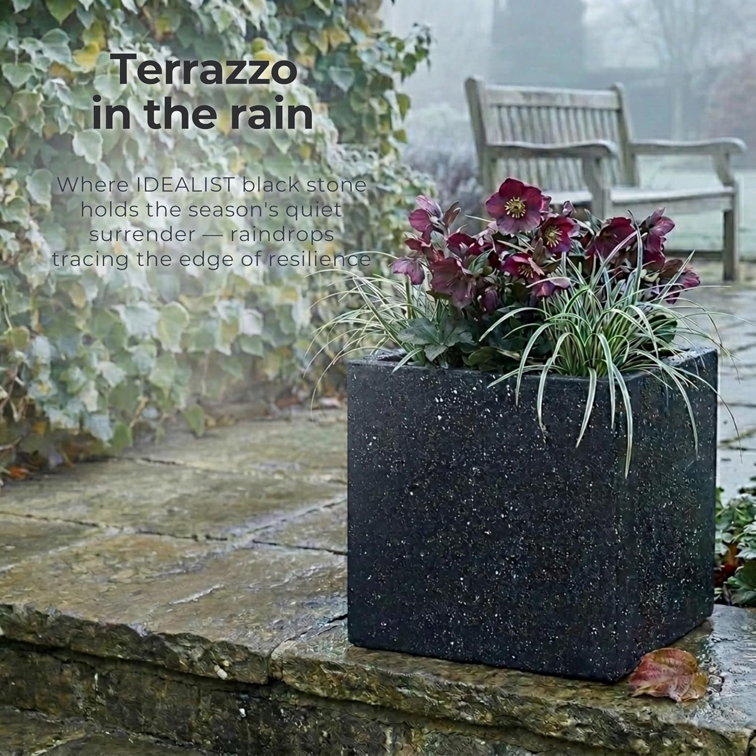 30cm Black Terrazzo Square Planter Stone Effect Garden Pot