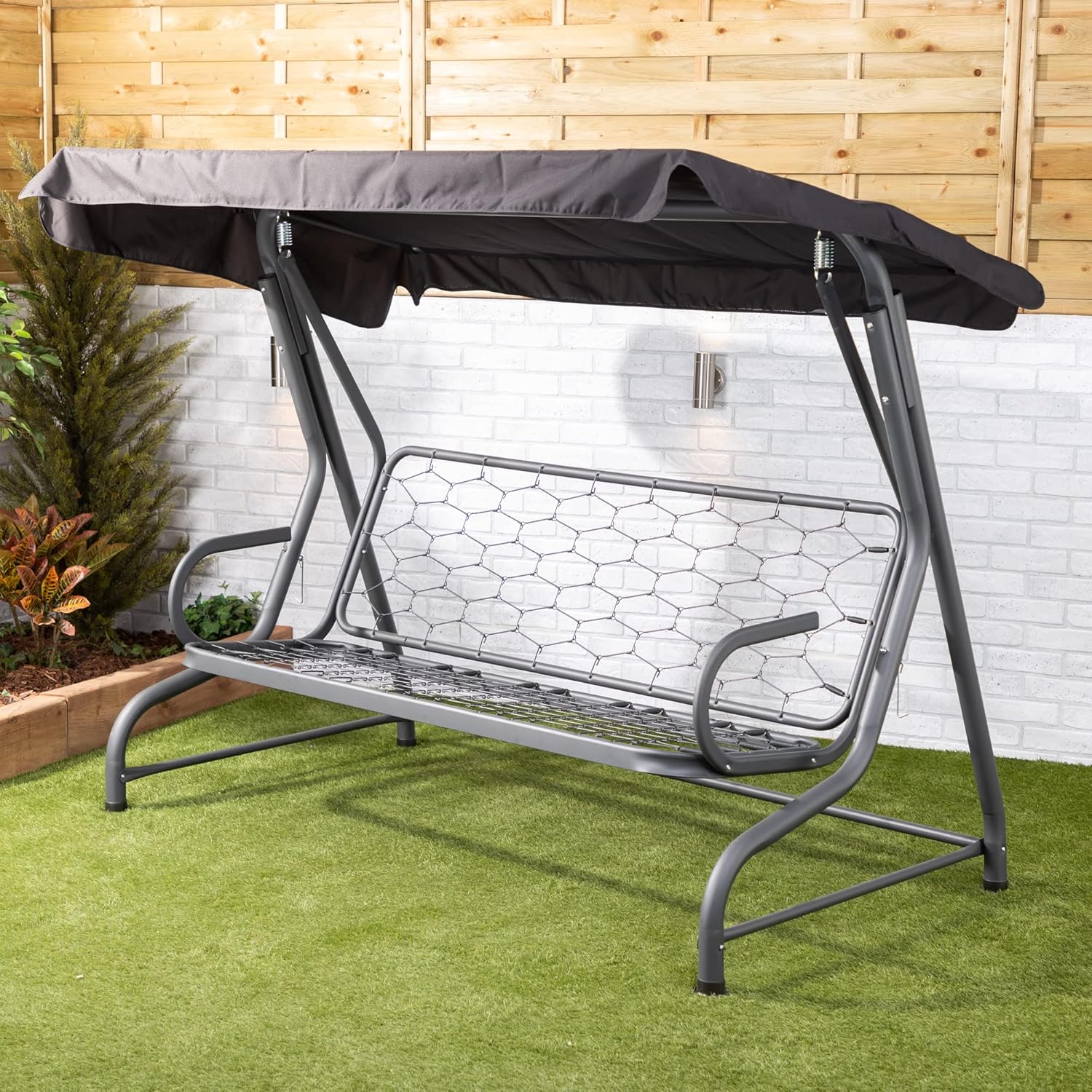 Outdoor 3 Seater Swing Bench Leaf Green Canopy Cushions 250kg