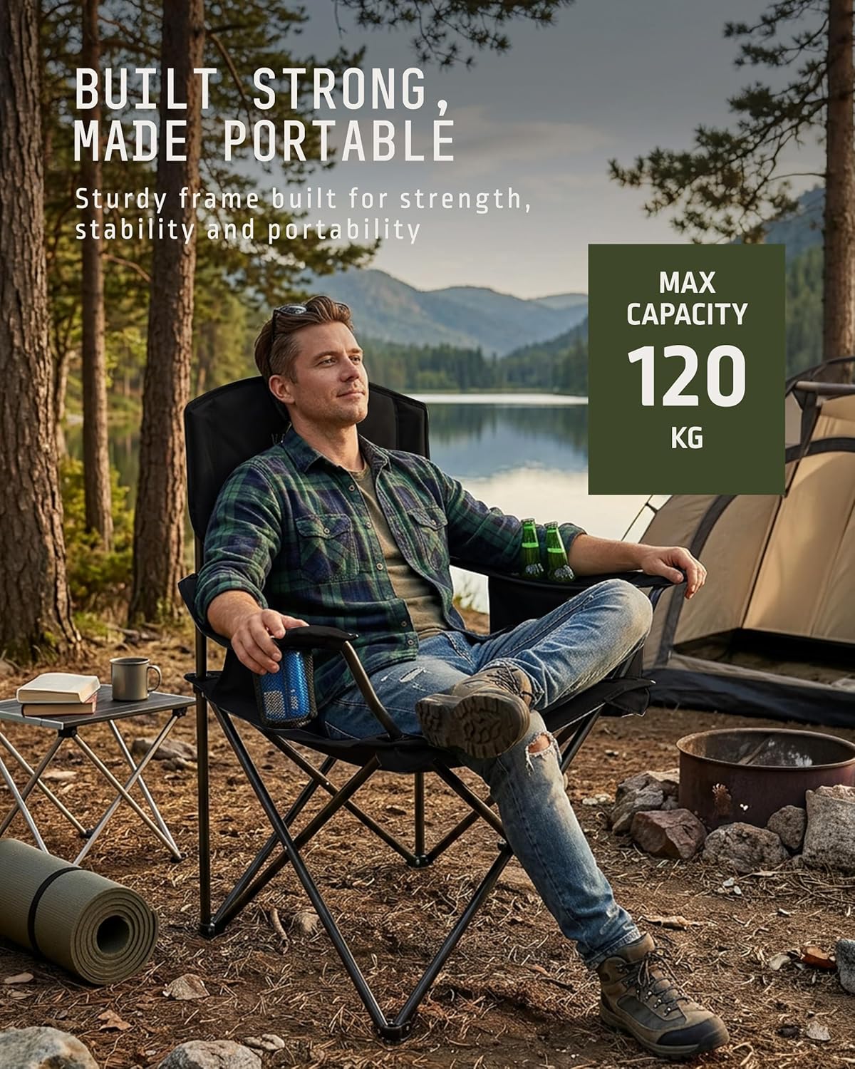 Folding Camping Chairs 2 Pack Cooler Bag Portable Black