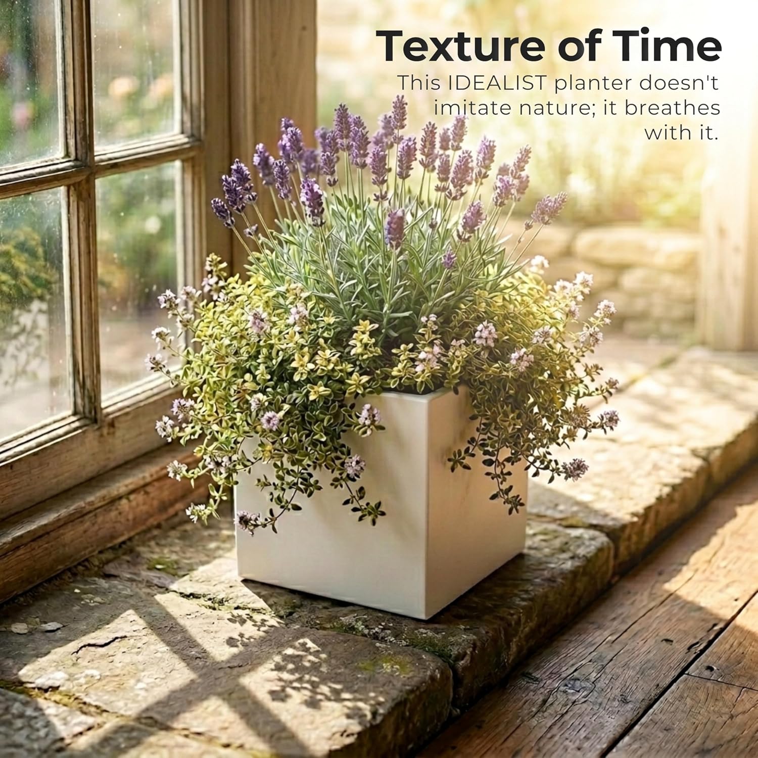 30cm White Square Planter Stone Effect Garden Pot Drainage