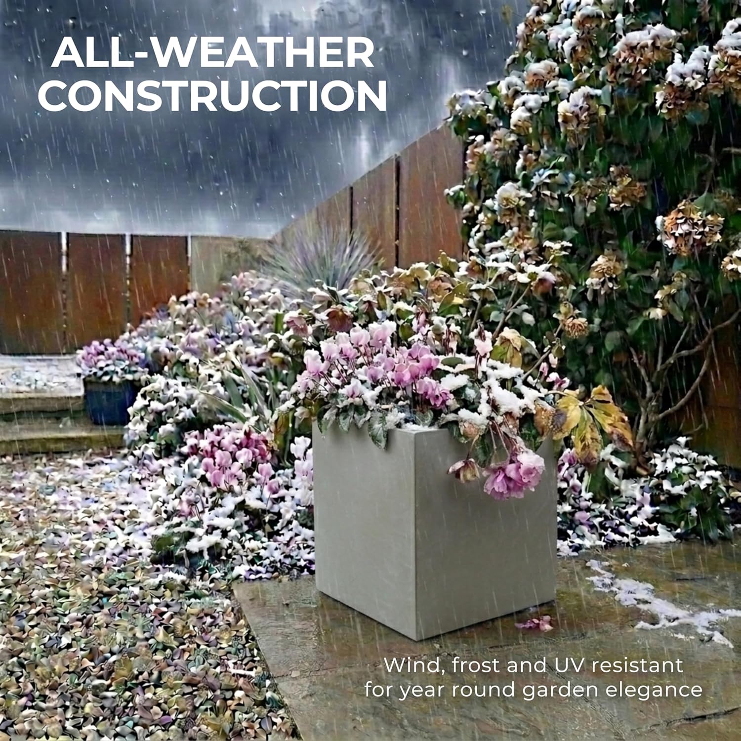 30cm Grey Square Planter Stone Effect Garden Pot Drainage