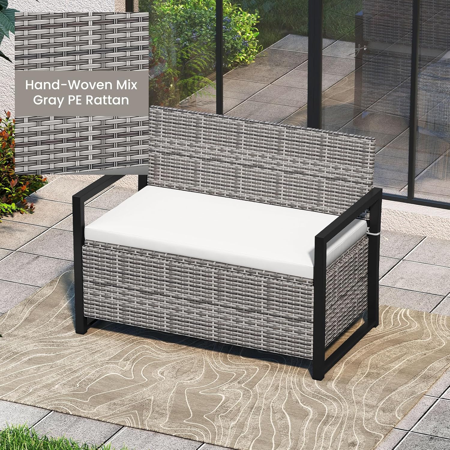 Rattan Garden Storage Bench 2 Seater Deck Box with Cushion