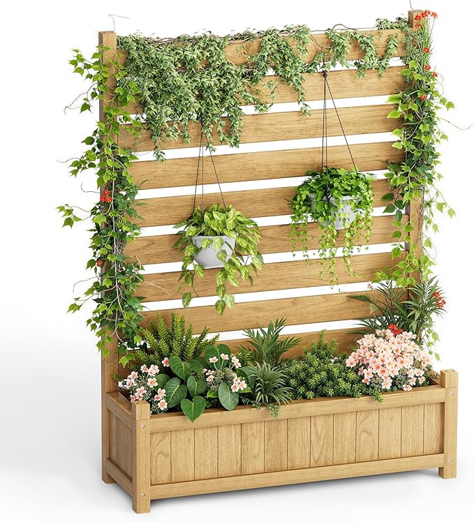 Wooden Planter with Trellis Privacy Screen Natural
