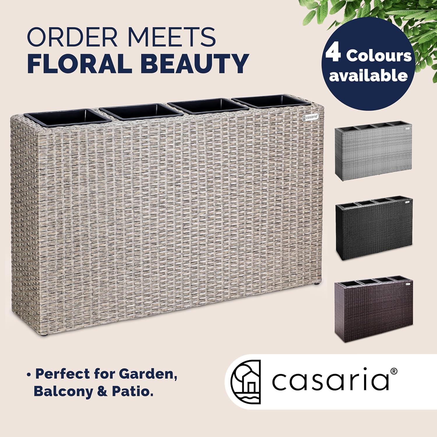 Large Tall Rattan Planter Box 95cm Cream with 4 Inner Pots