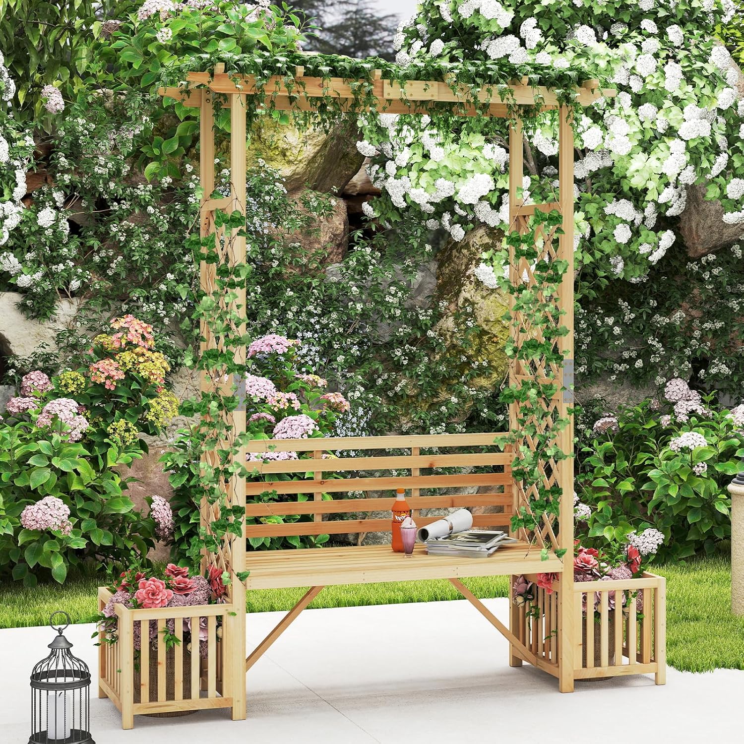 Wooden Garden Arch Bench with Planters Trellis Pergola Seat