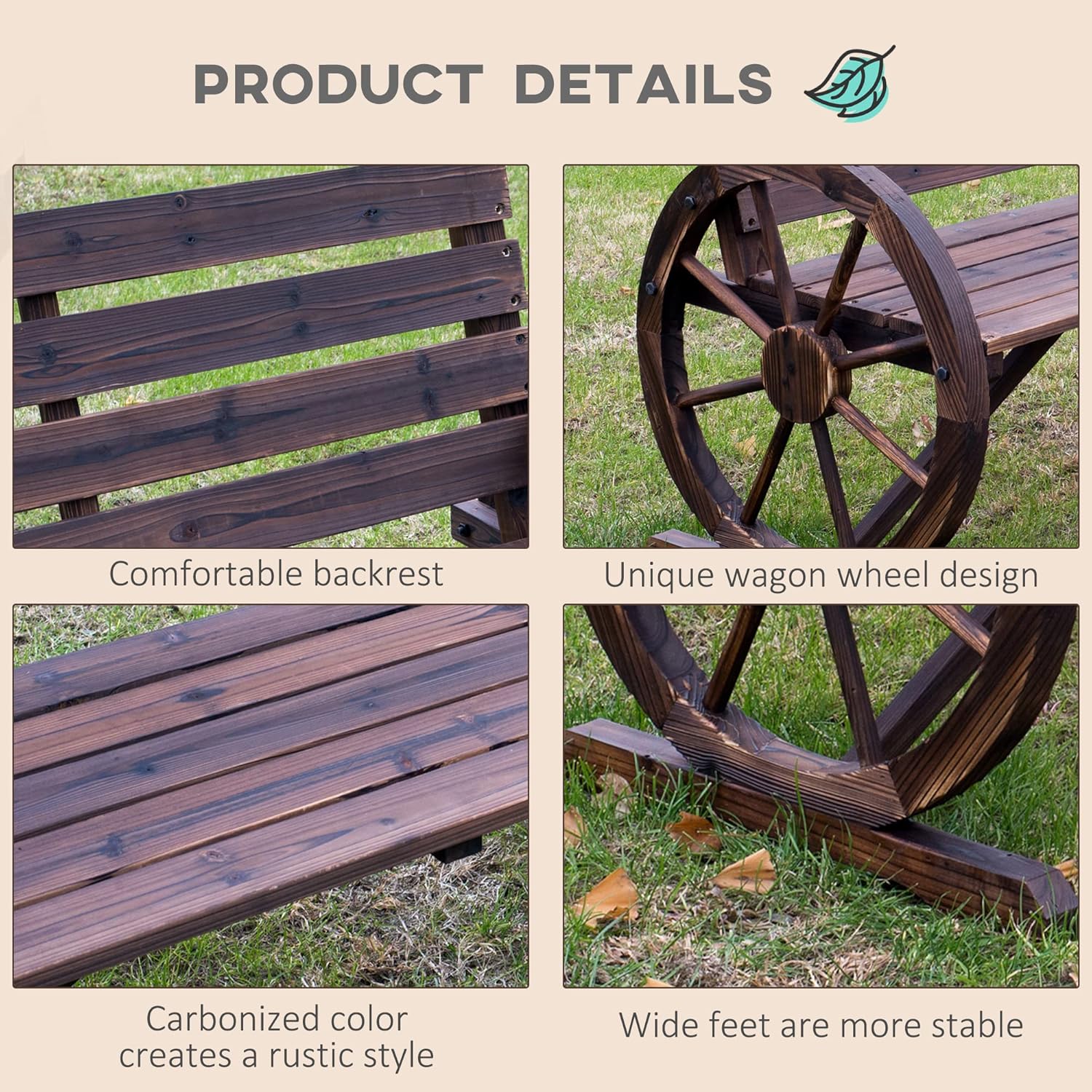 Rustic Wooden Garden Bench 2 Seater Wagon Wheel Armrest Patio Seat