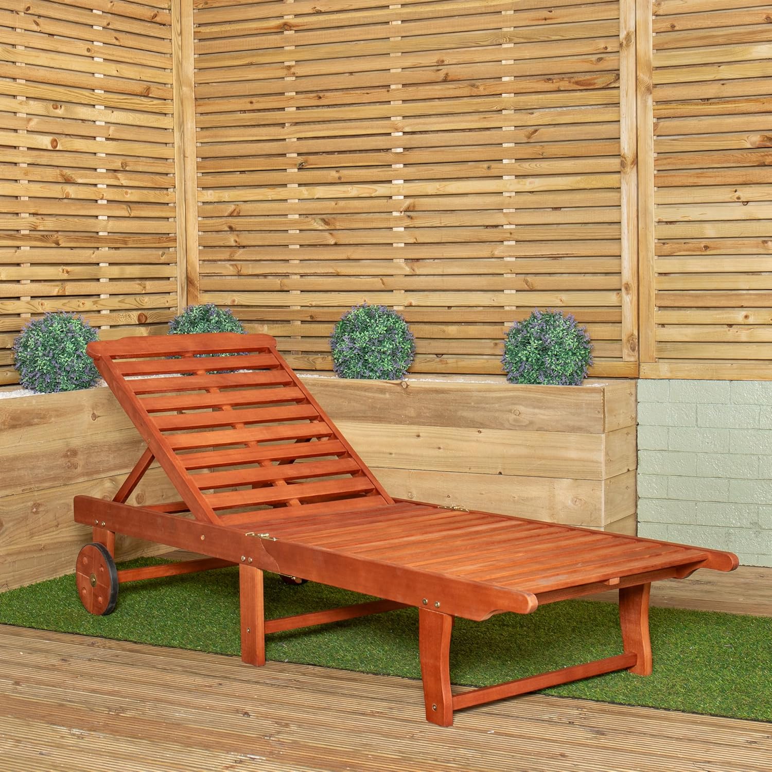 Wooden Sun Lounger with Wheels Foldable Adjustable 1.9m