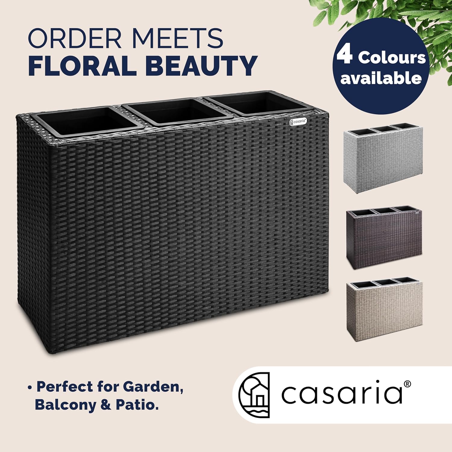 Tall Rattan Planter Box 83cm Black with 3 Pots
