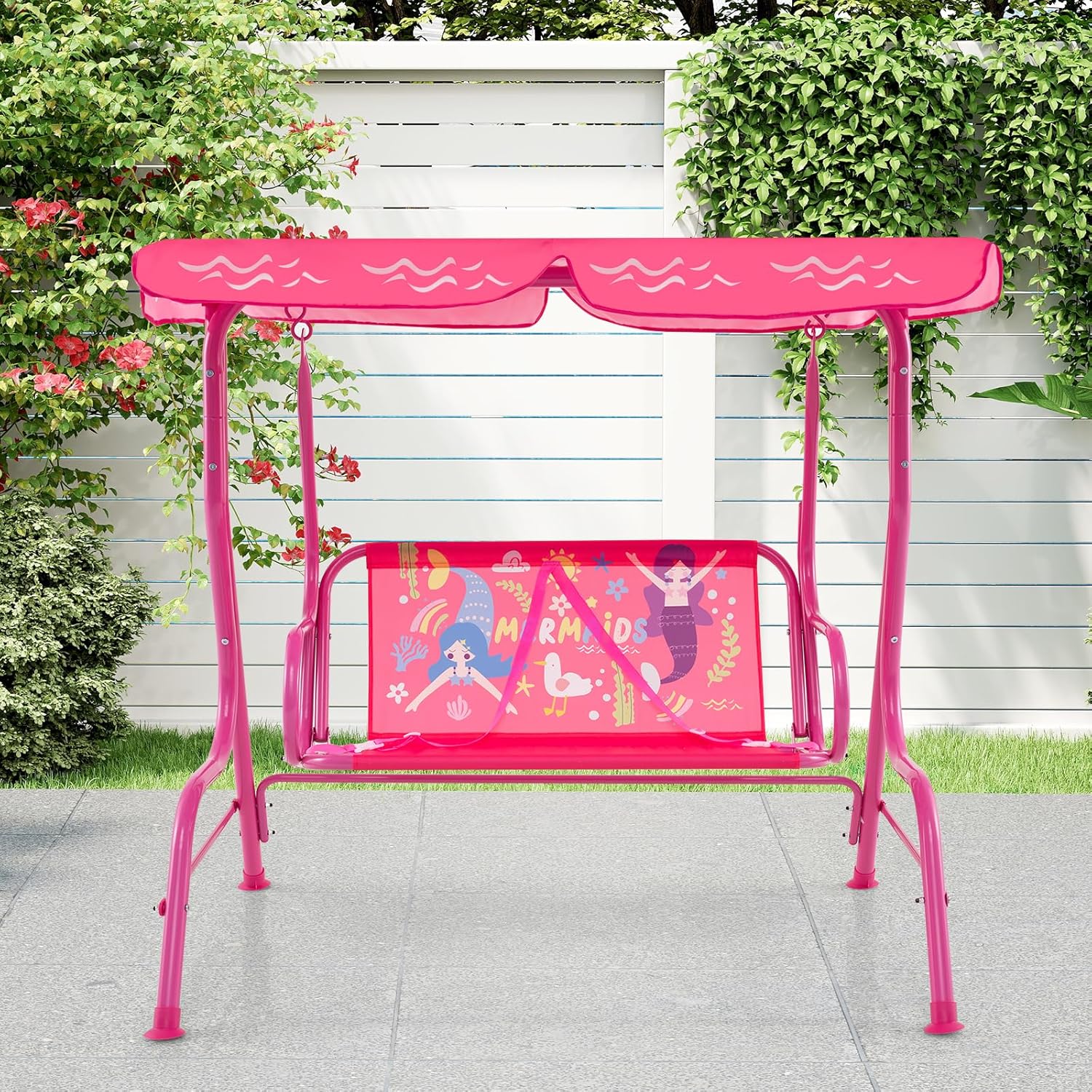Kids 2 Seat Swing Chair Pink Canopy Safety Belts