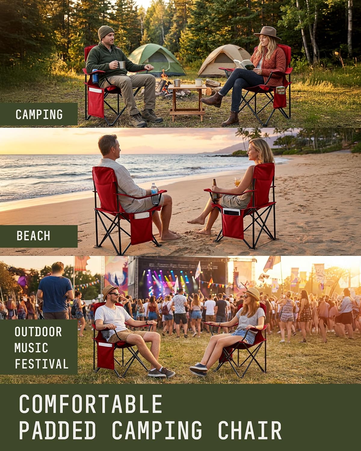 Folding Camping Chairs 2 Pack Cooler Bag Red Portable