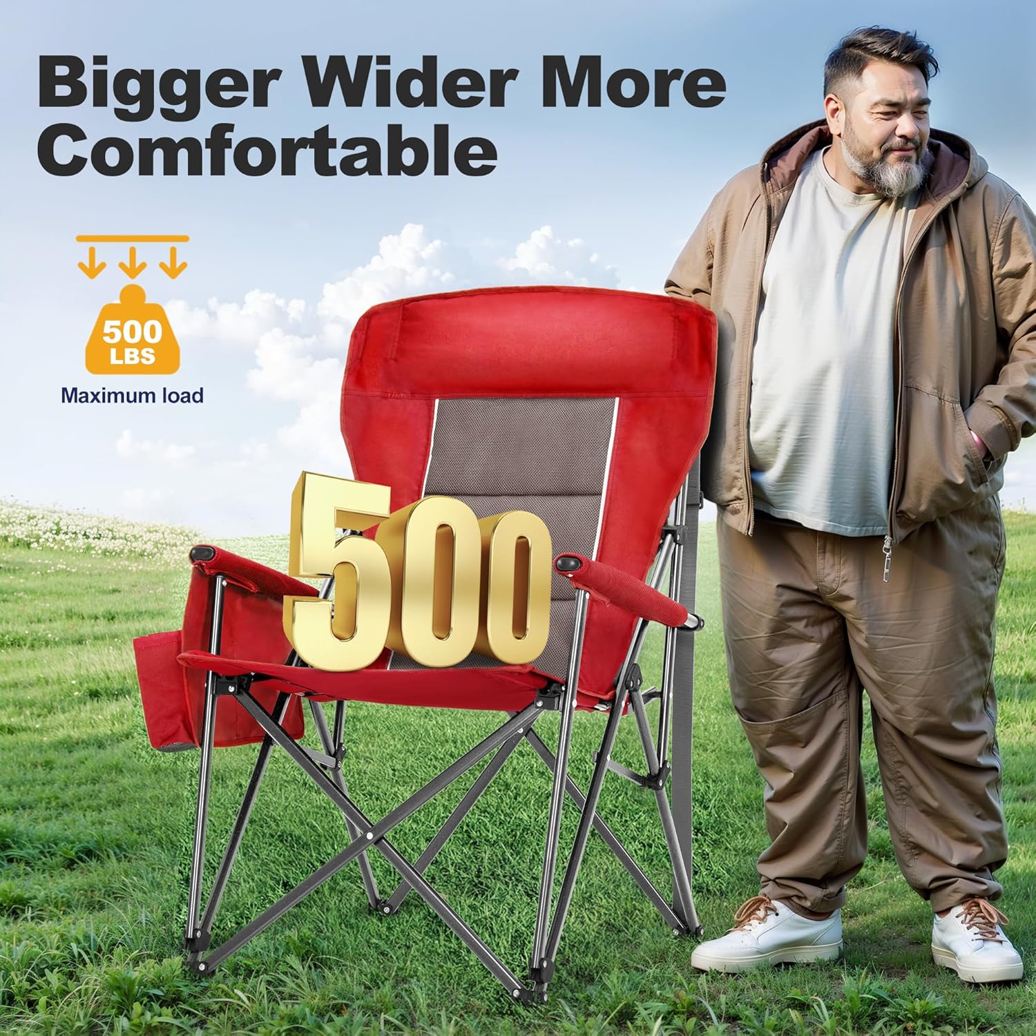 Set of 2 Oversized Camping Chairs 500LB High Back Red