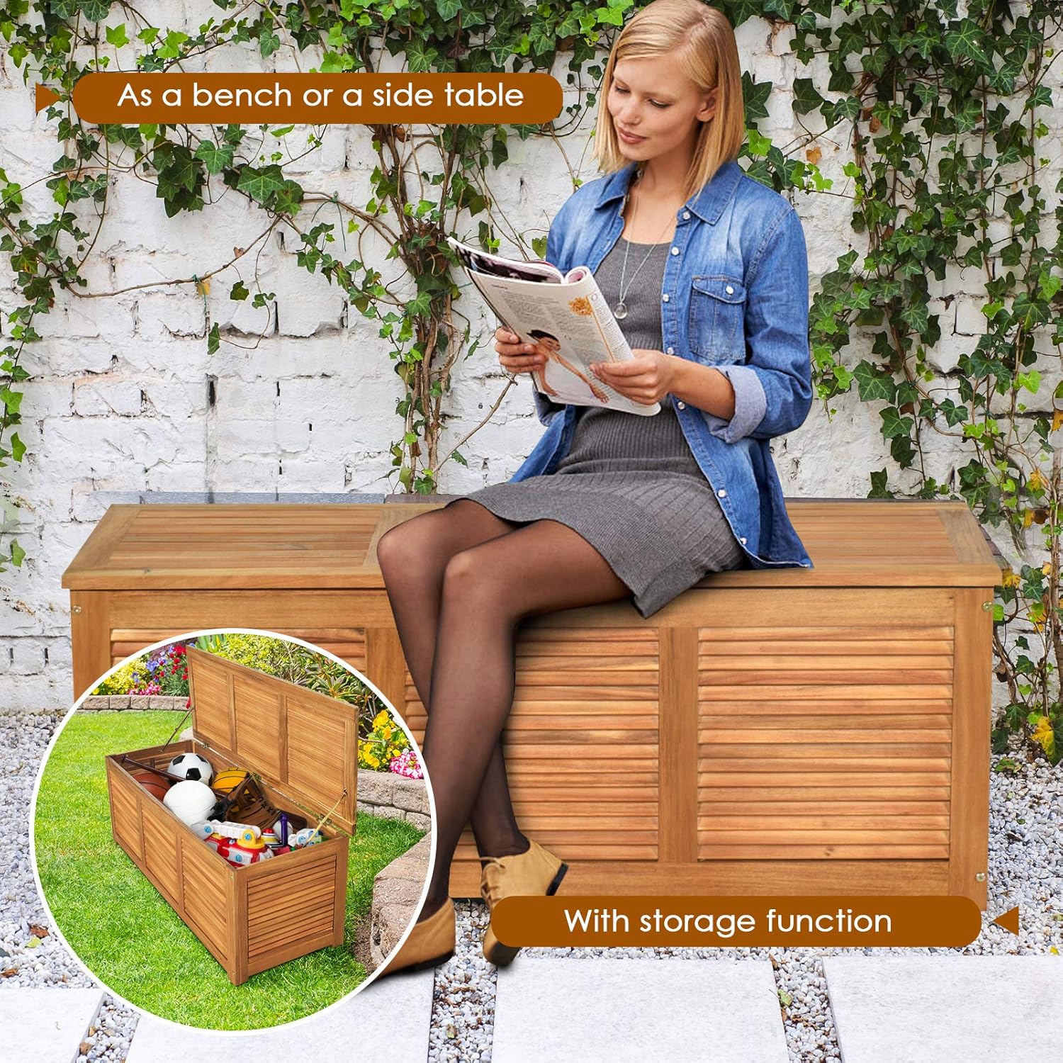Wooden Garden Storage Bench Box Acacia Deck Chest Cushion Tool Storage