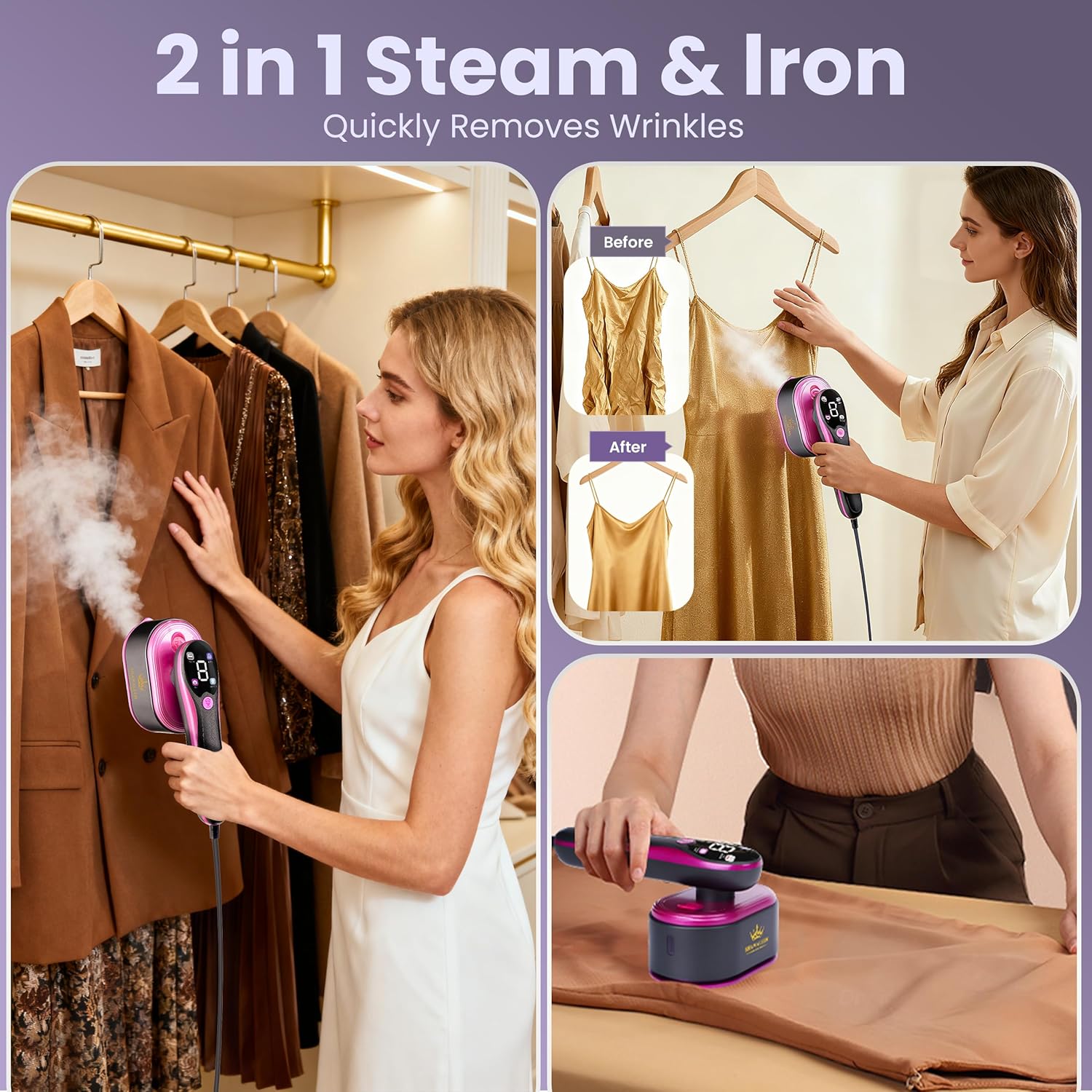 Travel Garment Steamer 1200W 10s Heat 2in1 LCD Portable