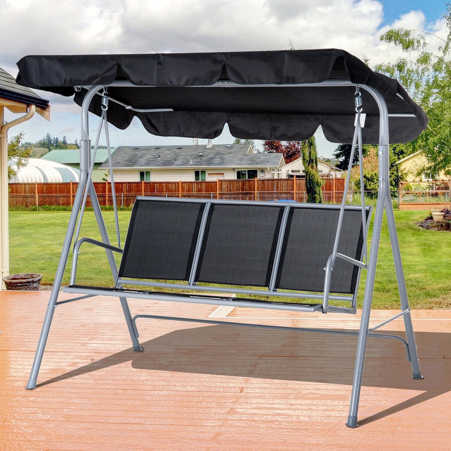 3 Seater Garden Swing Chair with Canopy Black