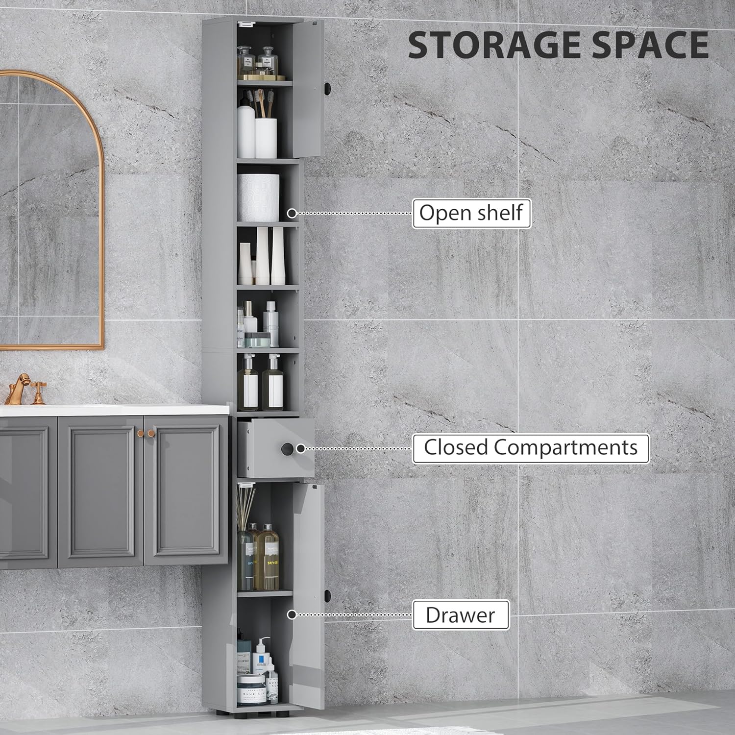 180cm Slim Bathroom Storage Cabinet 4 Shelves 2 Doors Grey