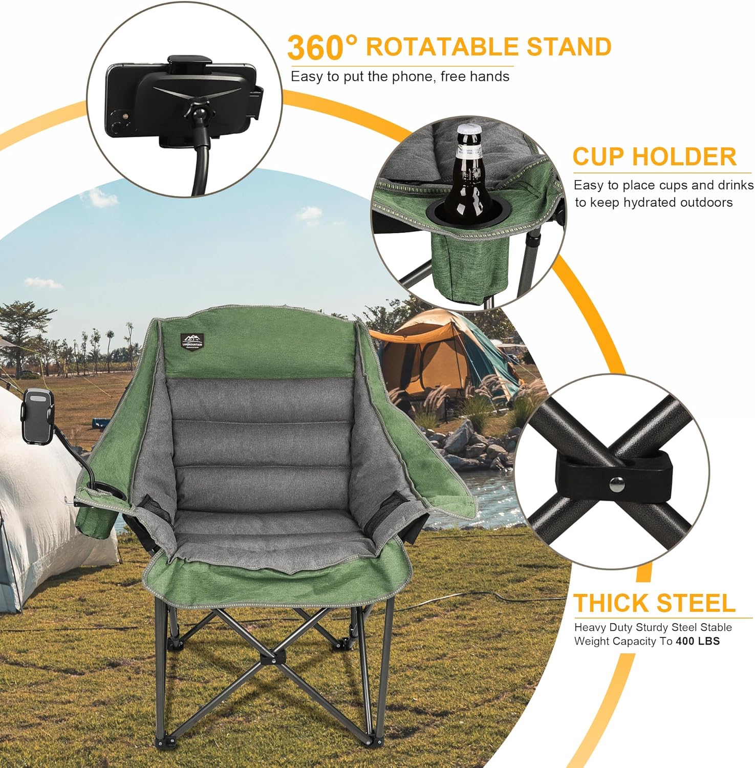 XL Oversized Folding Camping Chair Heavy Duty 400lbs Green