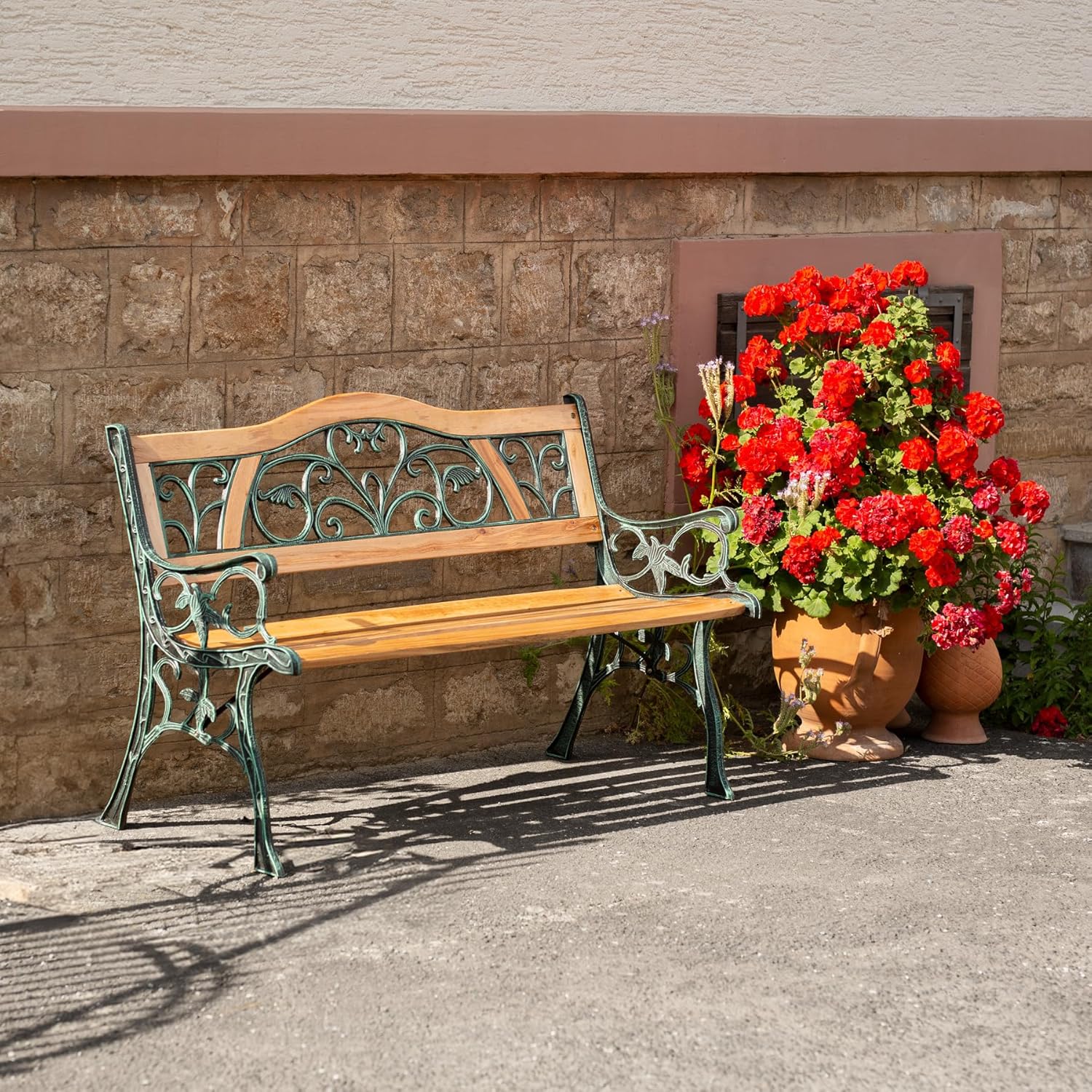 2 Seater Wooden Garden Bench Cast Iron Frame Outdoor Patio Seat