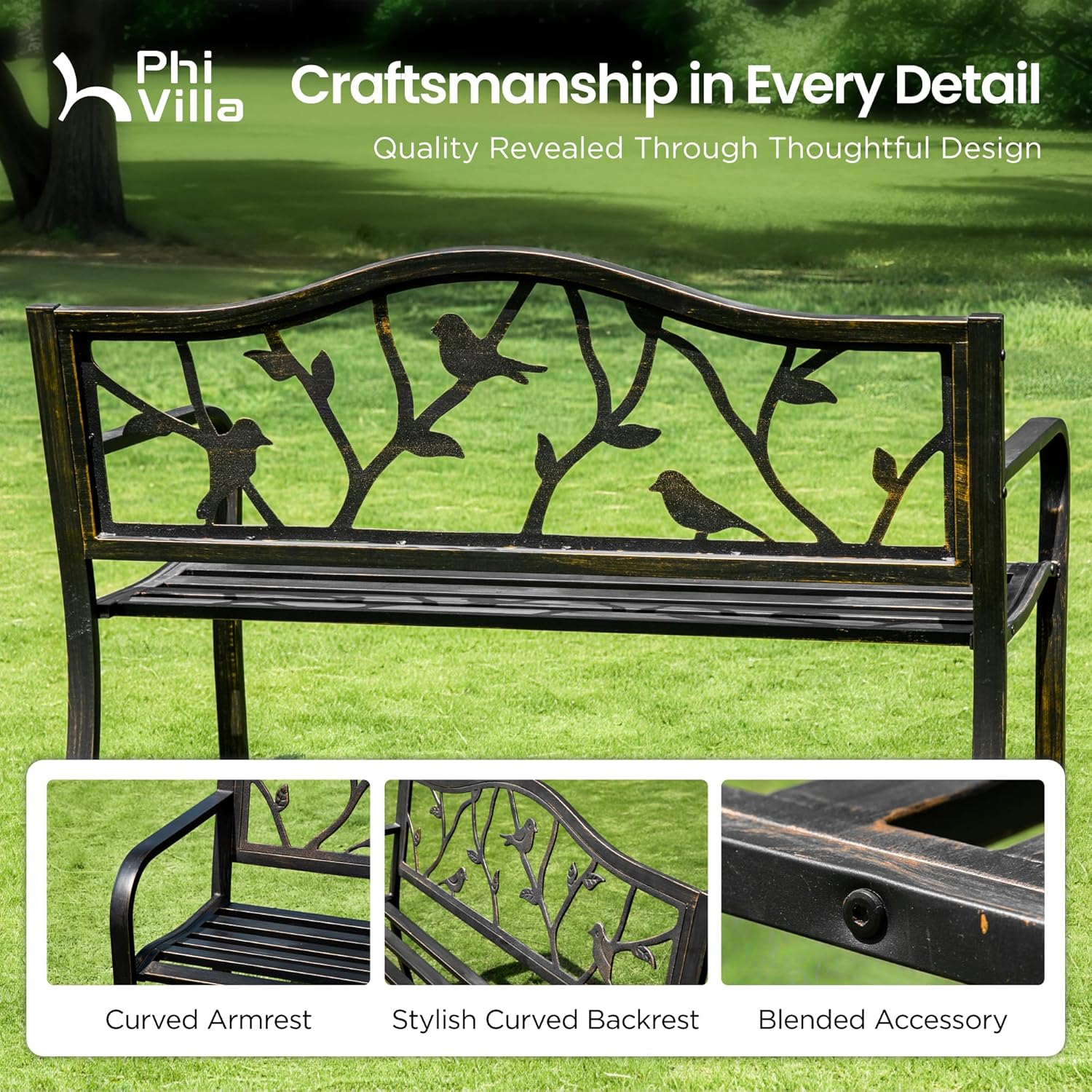 Bronze Metal Garden Bench 2–3 Seater Bird Design Patio Seat Steel