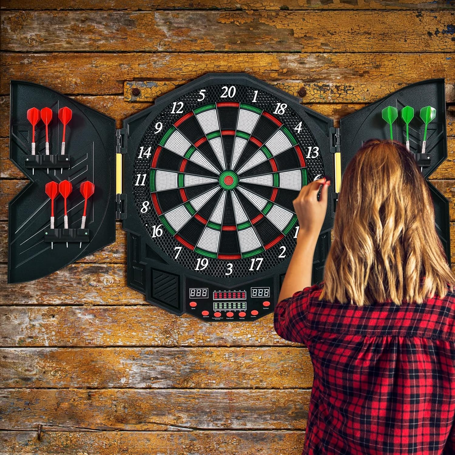 Electronic Dartboard Set Auto Scoring LED Display 12 Darts Cabinet