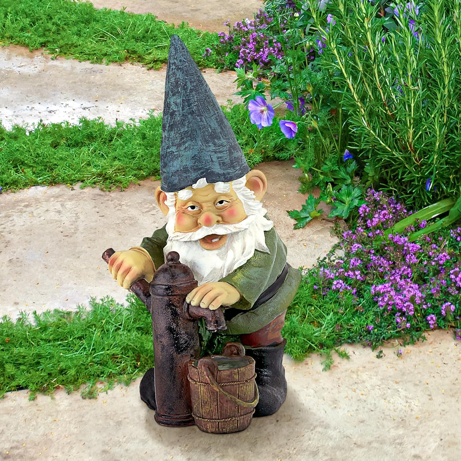 Garden Gnome Statue Water Pump Resin Outdoor Lawn Decor 35cm