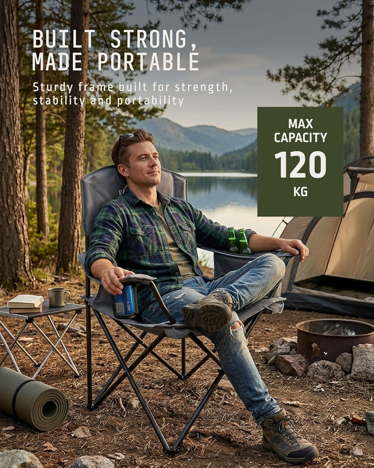 Folding Camping Chairs 2 Pack Cooler Bag Grey Portable