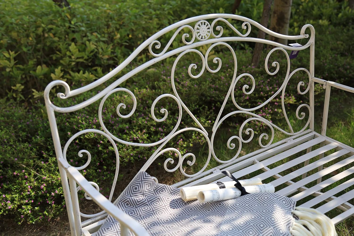 Vintage Metal Garden Bench Foldable Patio Seat White Iron