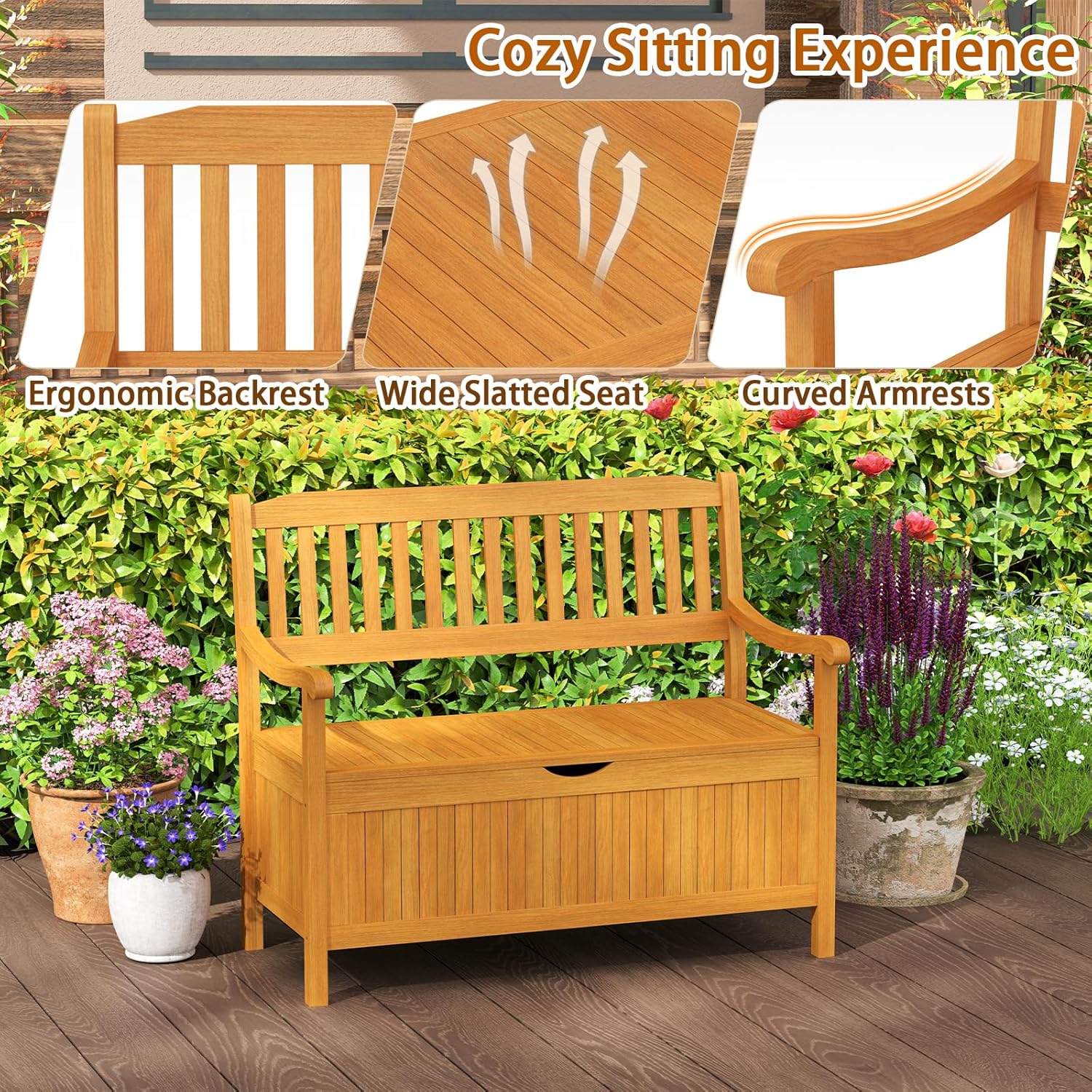 2 Seater Wooden Garden Storage Bench Patio Seat with 125L Box