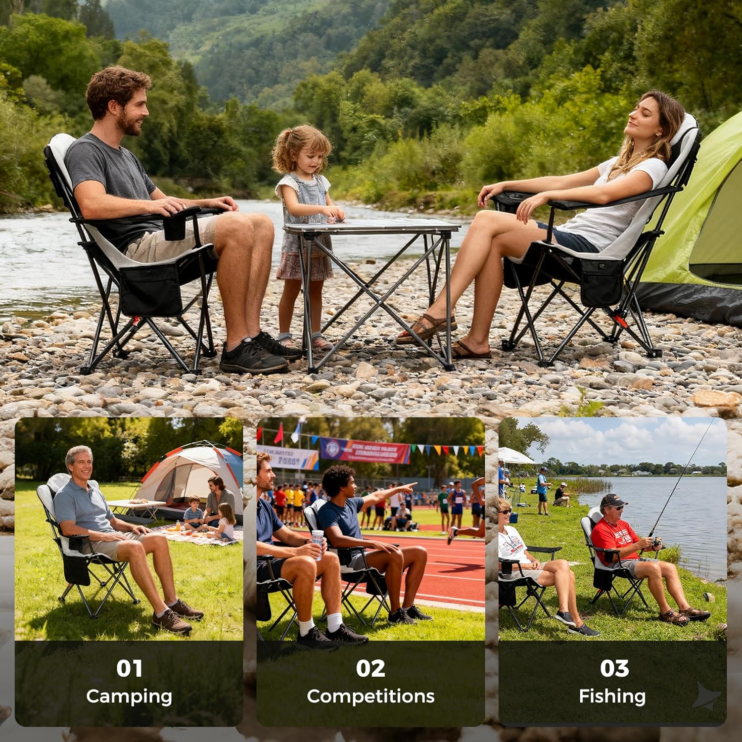 Heated Folding Camping Chair 159kg Reclining High Back