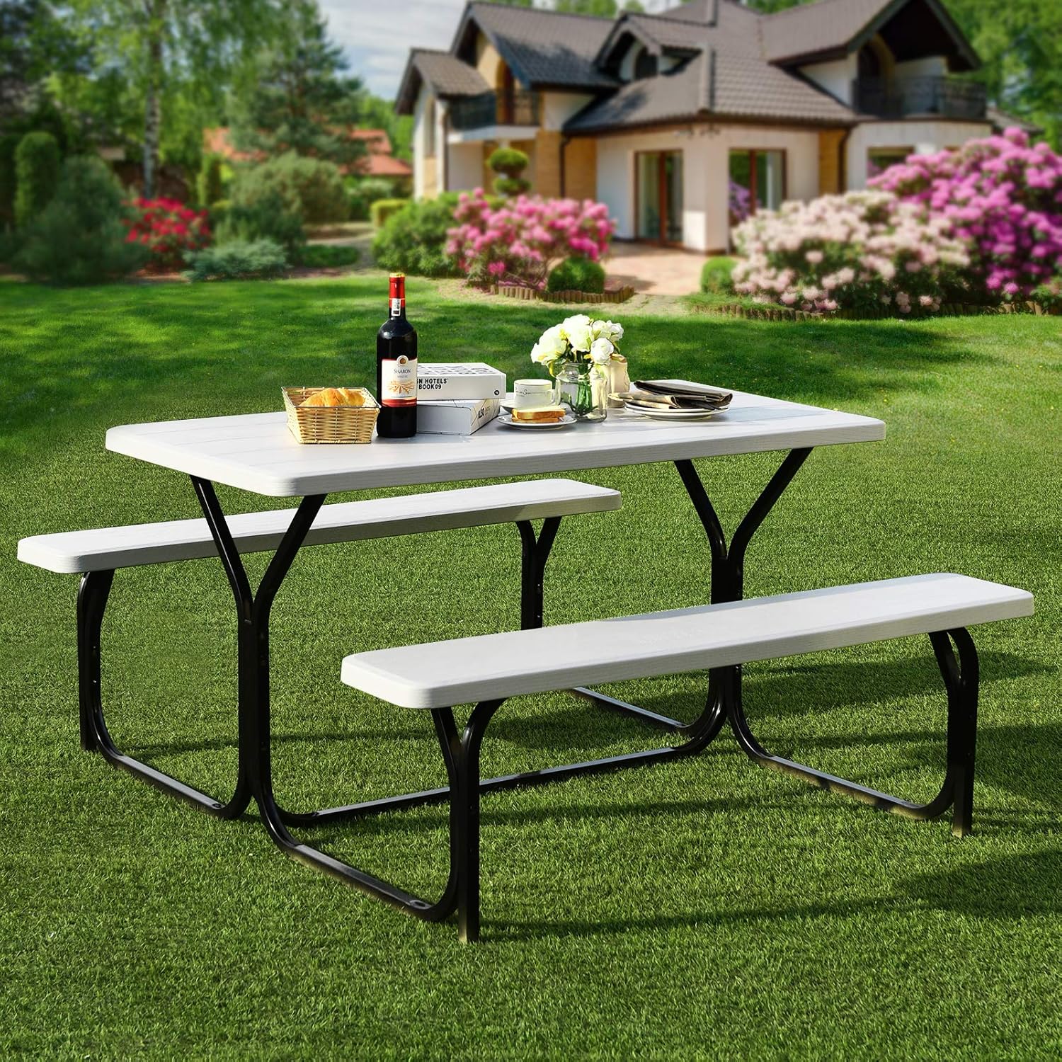 Outdoor Picnic Table Bench Set HDPE Garden Dining White