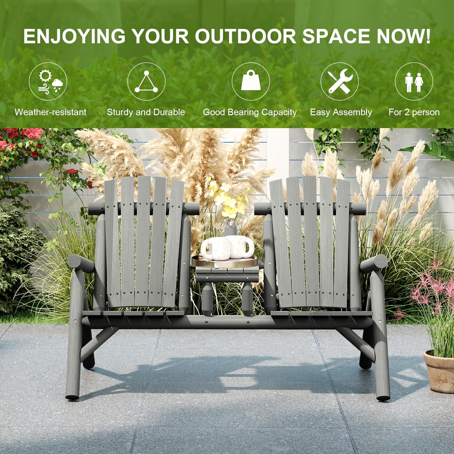 2 Seater Wooden Garden Bench with Centre Table Grey