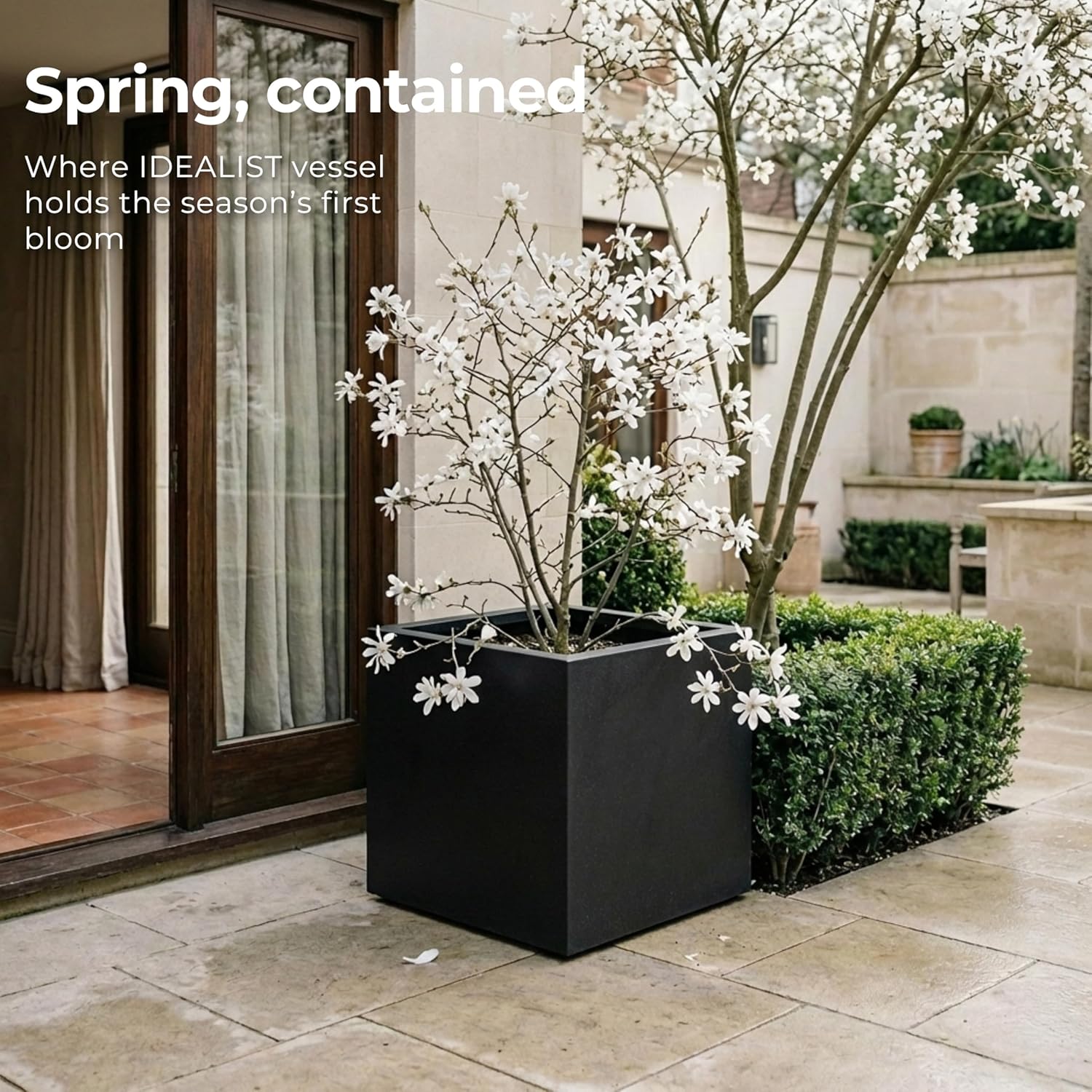 50cm Large Square Planter Black Stone Effect Tree Pot Drainage