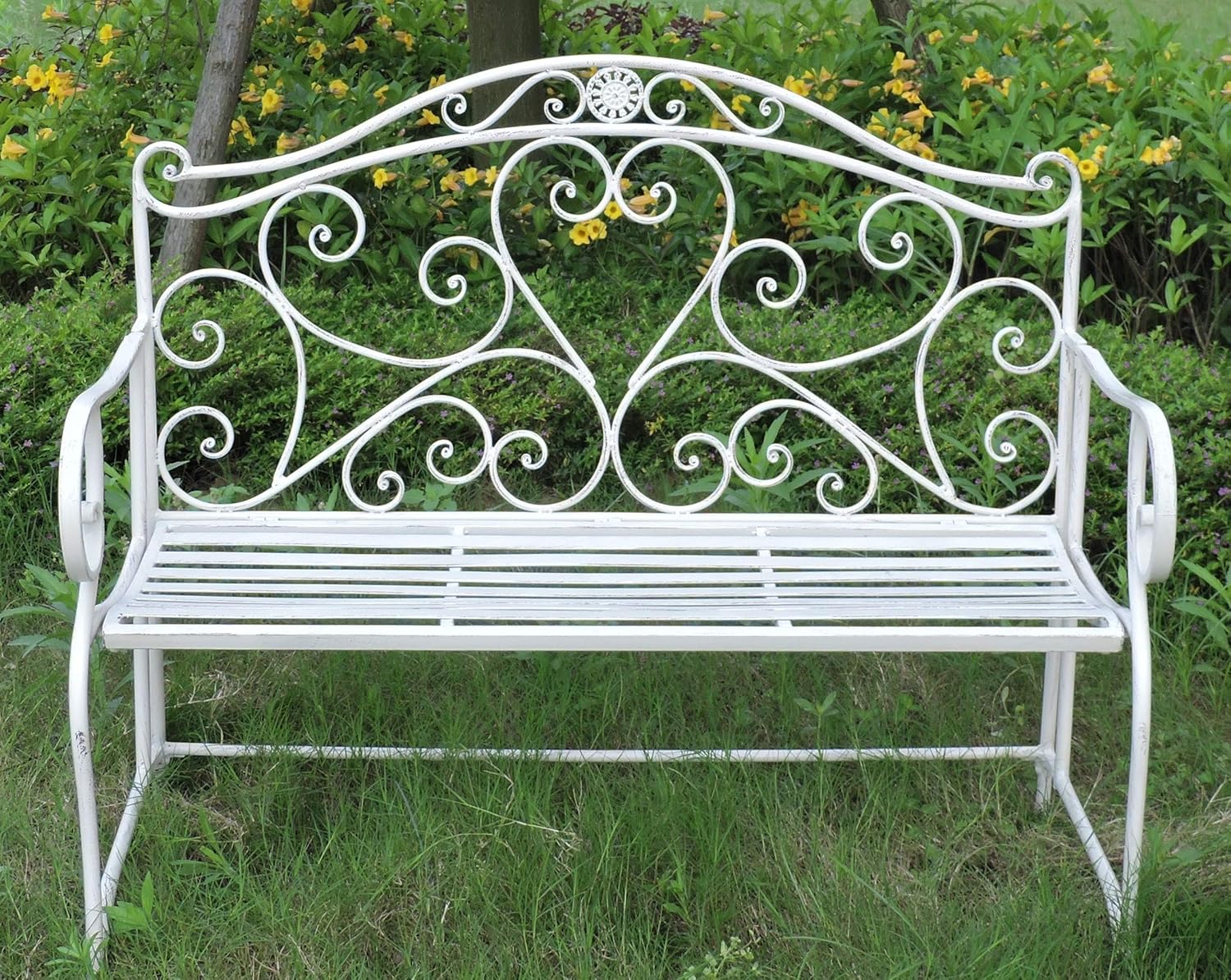 Vintage Metal Garden Bench Foldable Patio Seat White Iron