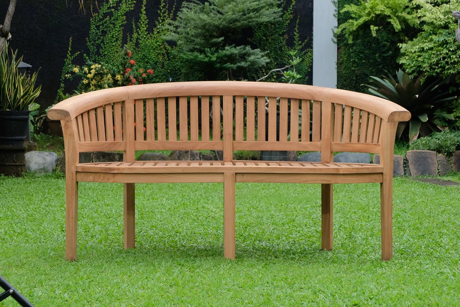 Extra Thick Teak Wood Banana Garden Bench w/ Green Cushion Patio Seat 168cm