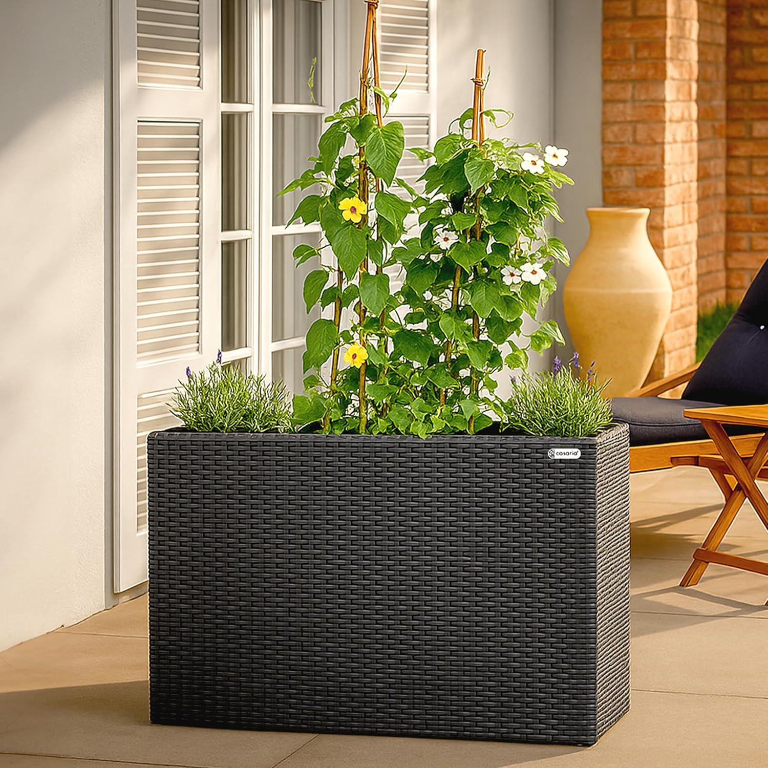 Large Tall Rattan Planter Box 95cm Black with 4 Pots