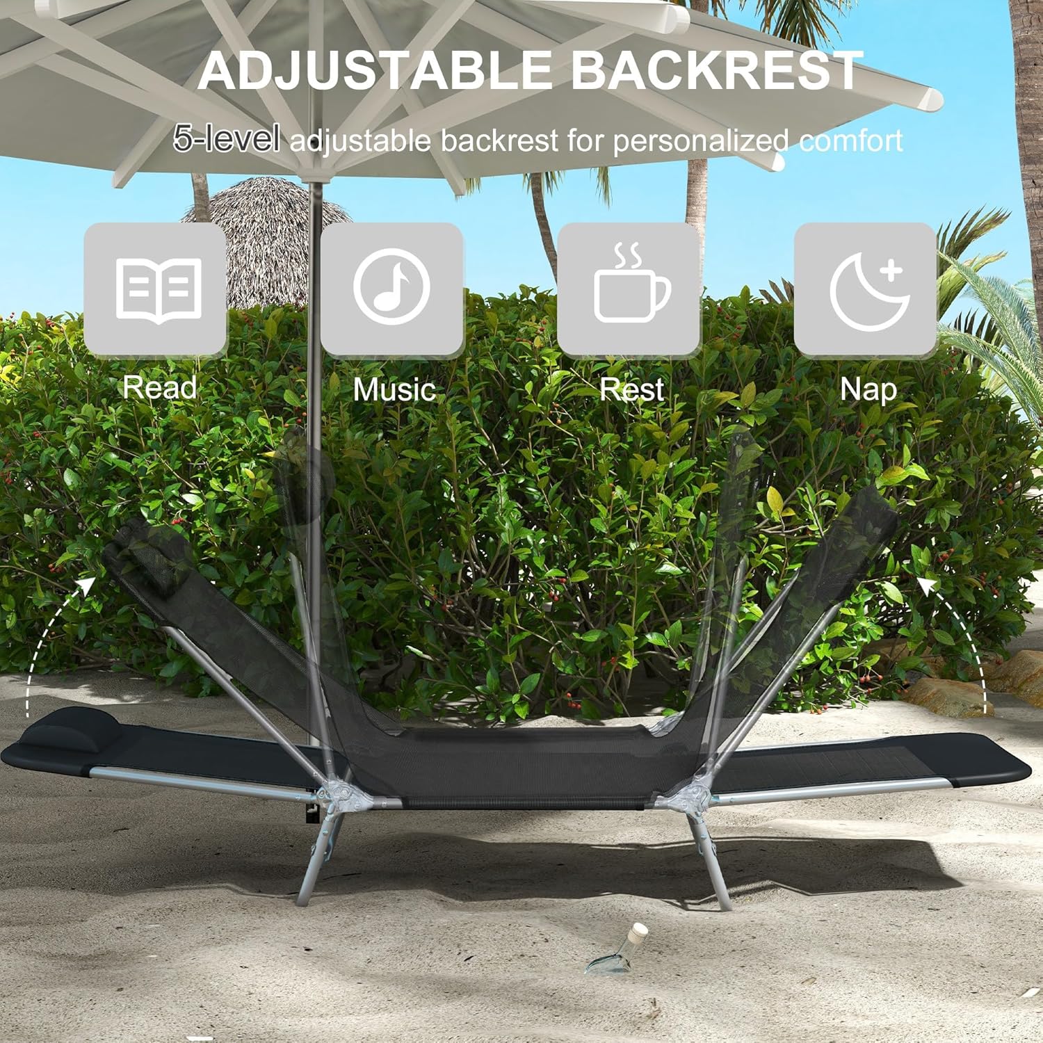 2 Foldable Sun Lounger Chairs Adjustable Recliner Black