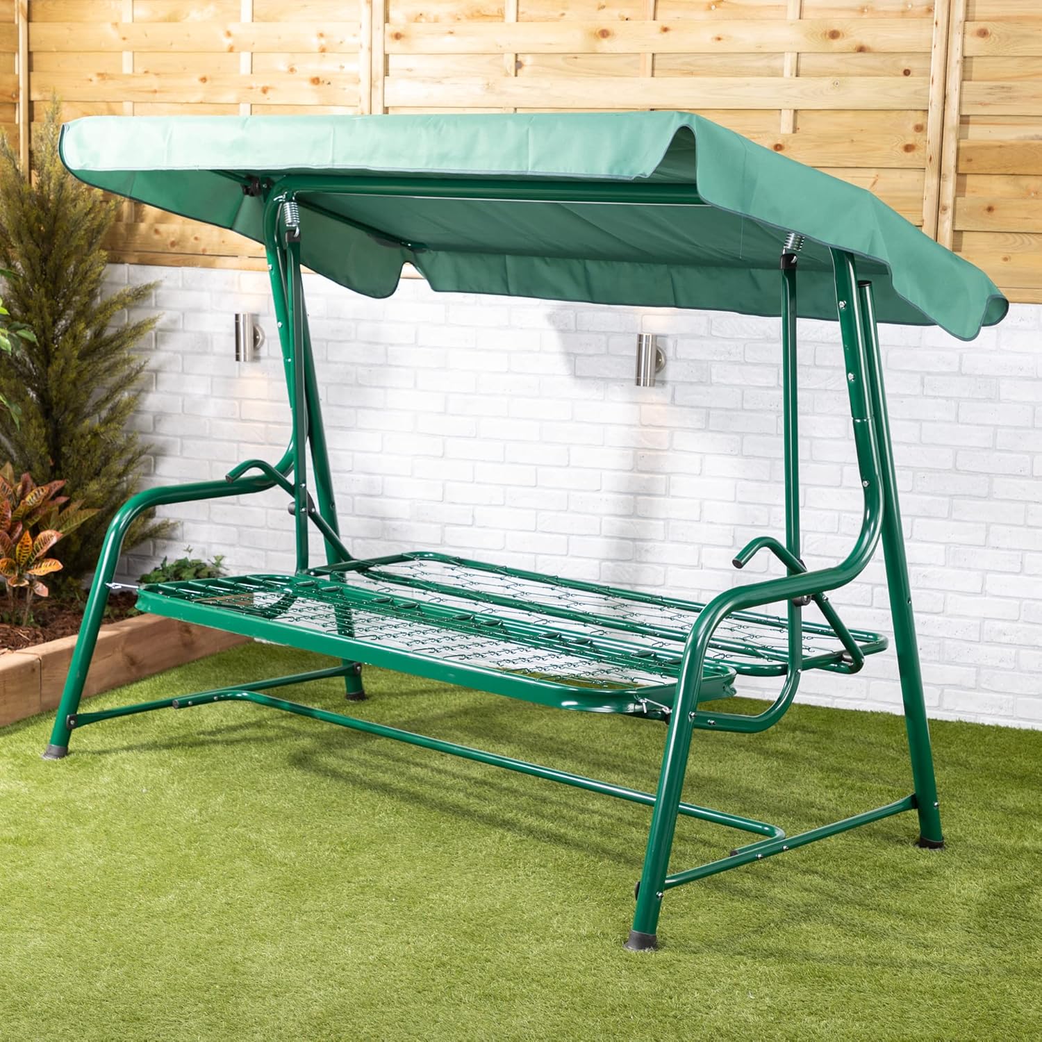 3 Seater Reclining Garden Swing Seat Green Canopy Cushions