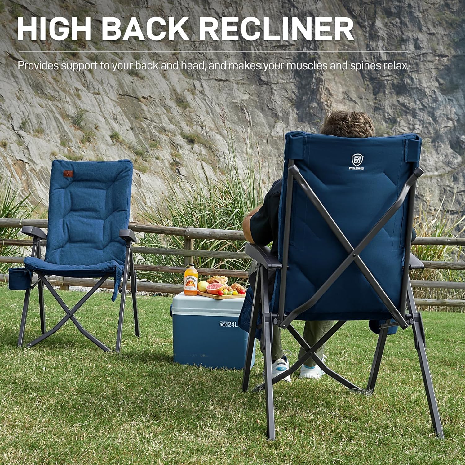 Luxury Reclining Camping Chairs 2 Pack High Back Blue