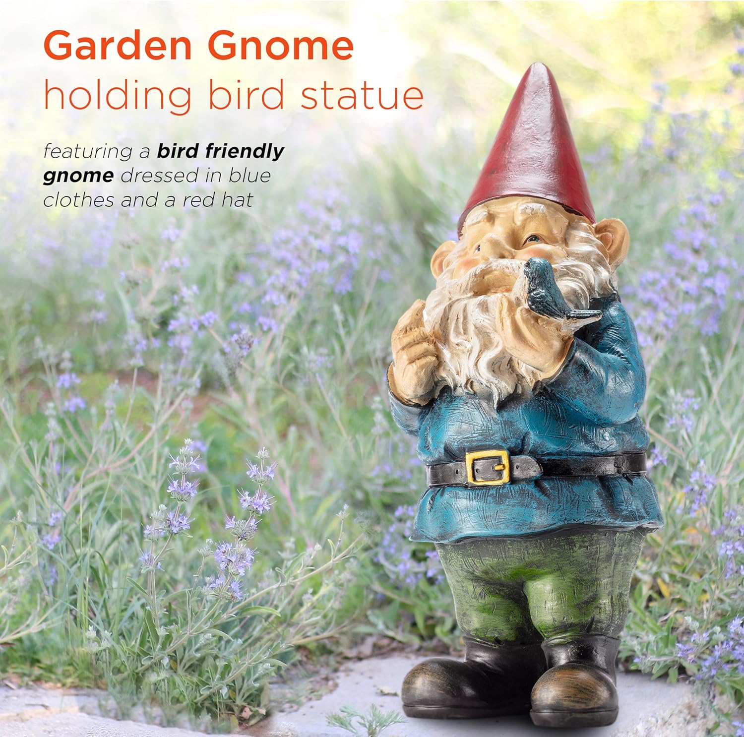 Garden Gnome Statue with Bird Resin Outdoor Yard Decor 30cm