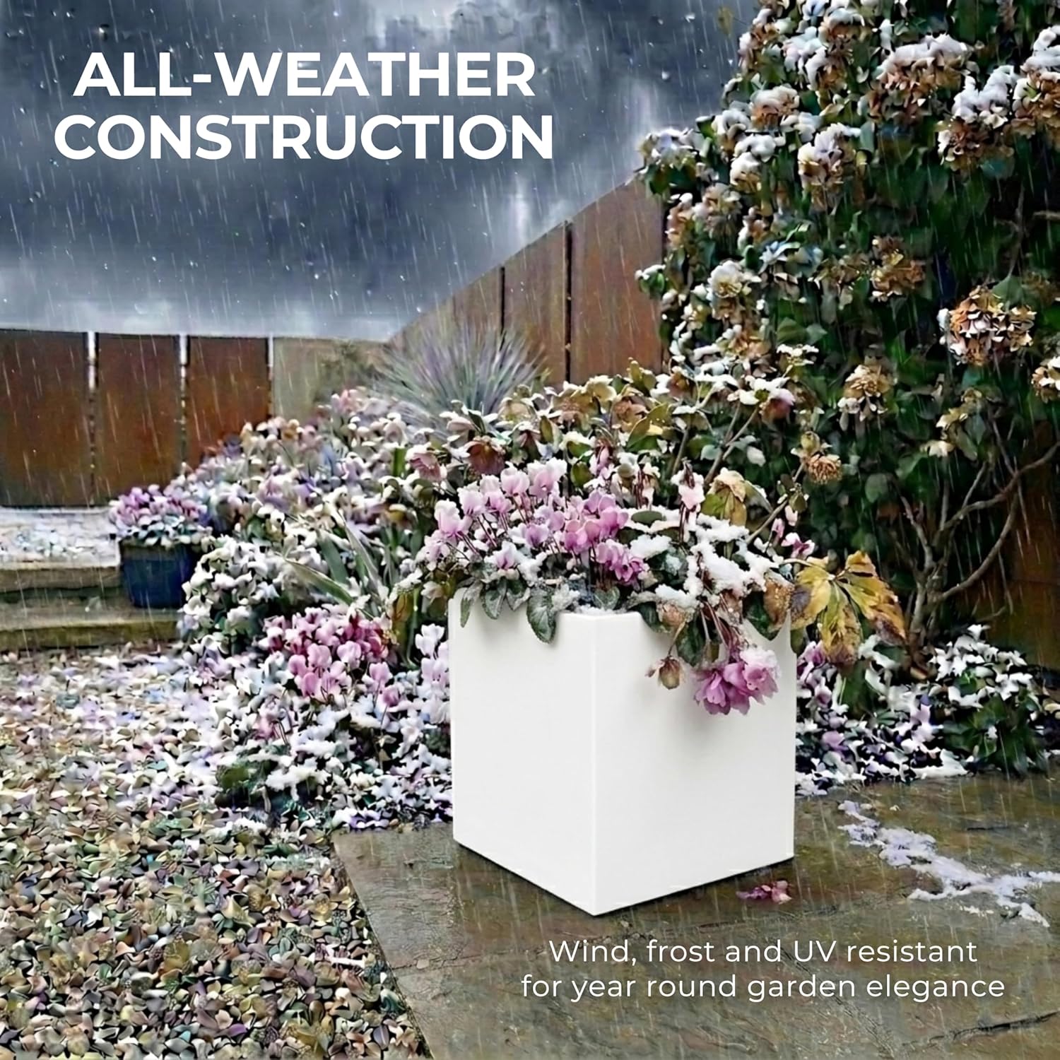 30cm White Square Planter Stone Effect Garden Pot Drainage
