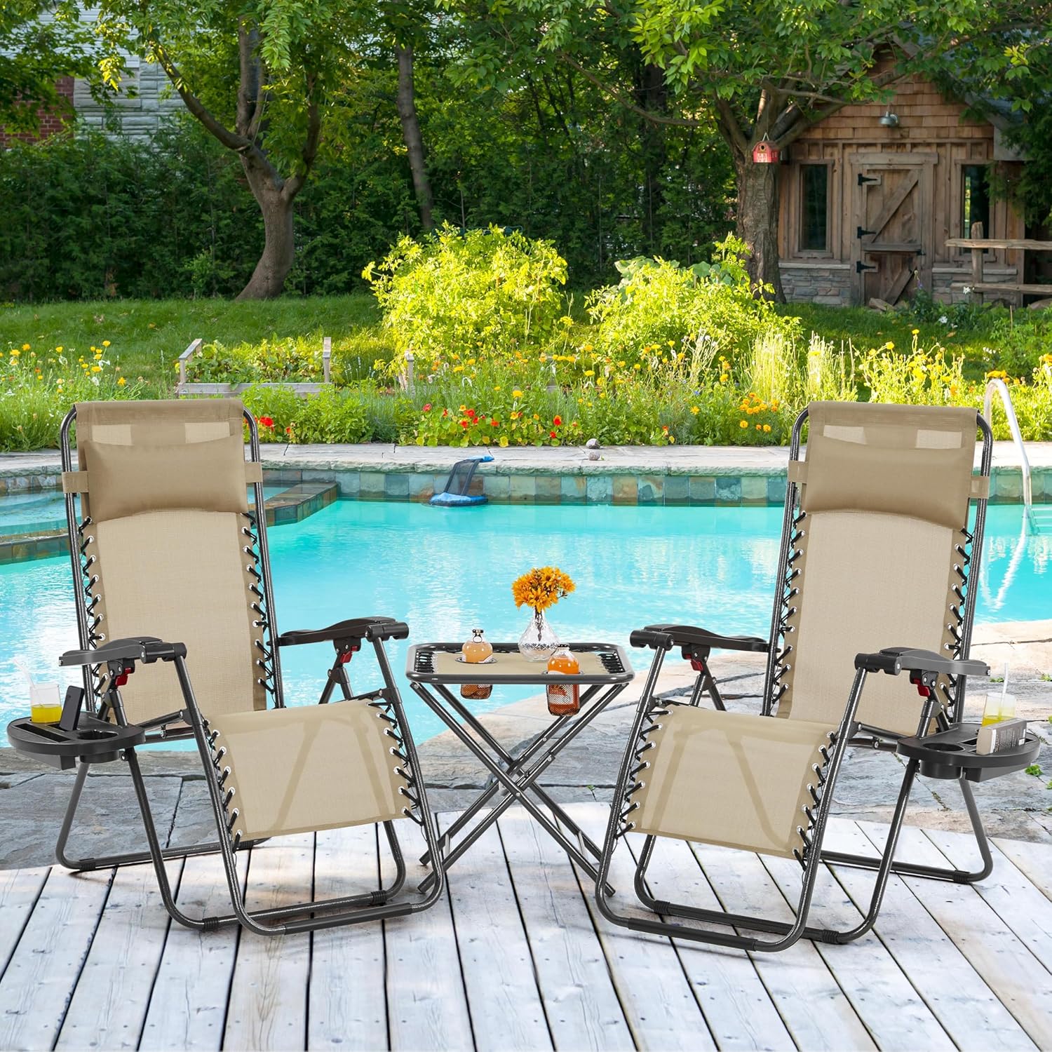 3 Piece Zero Gravity Recliner Set Chairs Table Beige