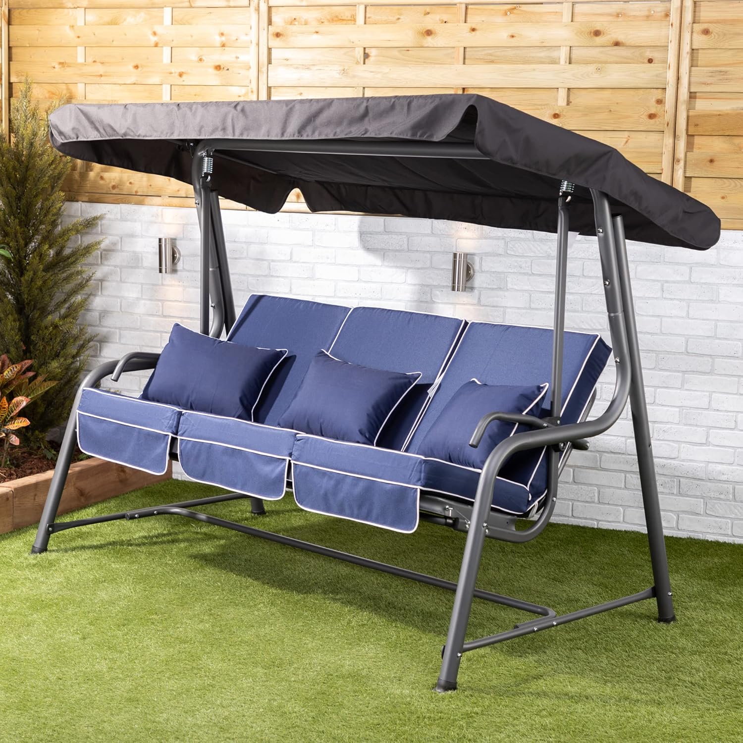 3 Seater Reclining Garden Swing Bed Navy Canopy Cushions 250kg