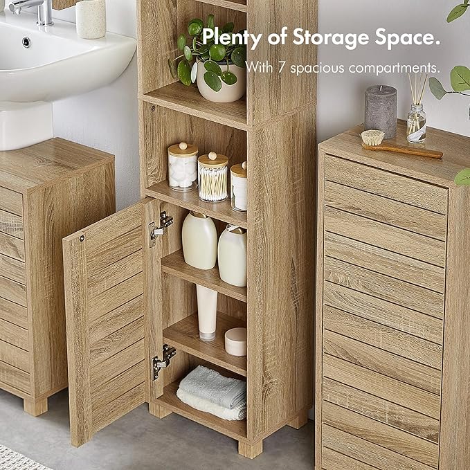 Tall Bathroom Cabinet Oak Effect Tallboy 2 Doors 7 Shelves Storage