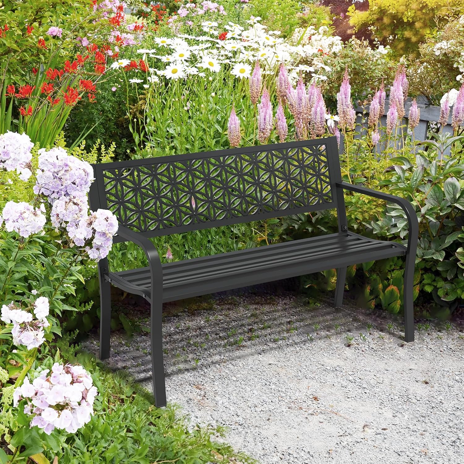 Metal Garden Bench 2-3 Seater Floral Back Outdoor Patio Seat Black