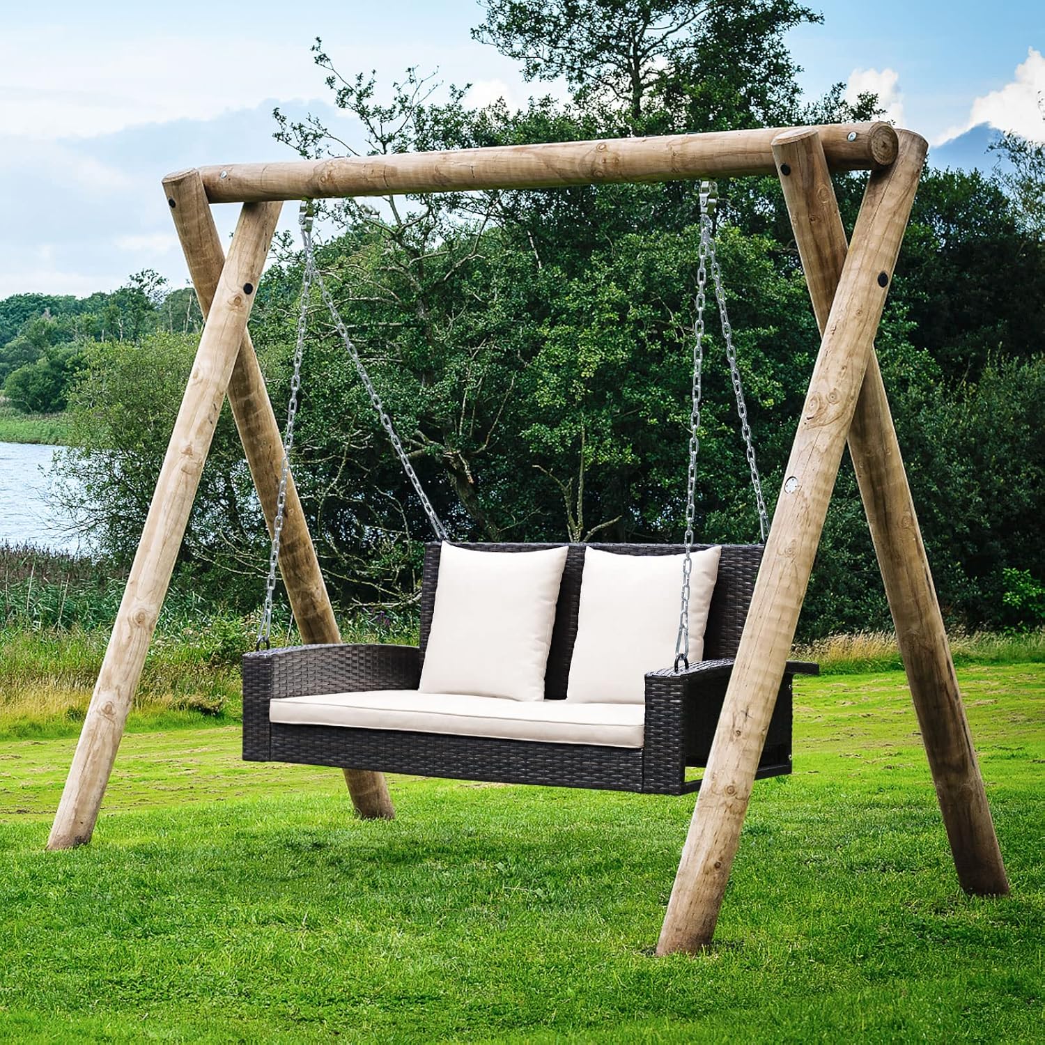 White Rattan 2 Seater Porch Swing Chair Cushions
